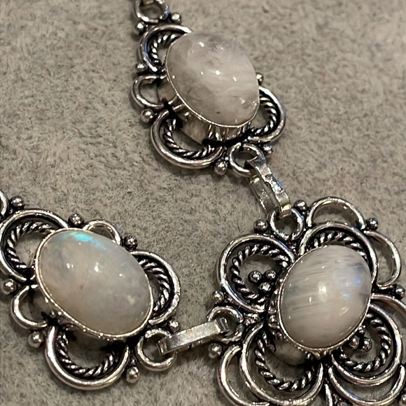 Moonstone Necklace Floral Drop Design Silver Scroll 6 Moonstones V Drop - Picture 12 of 12